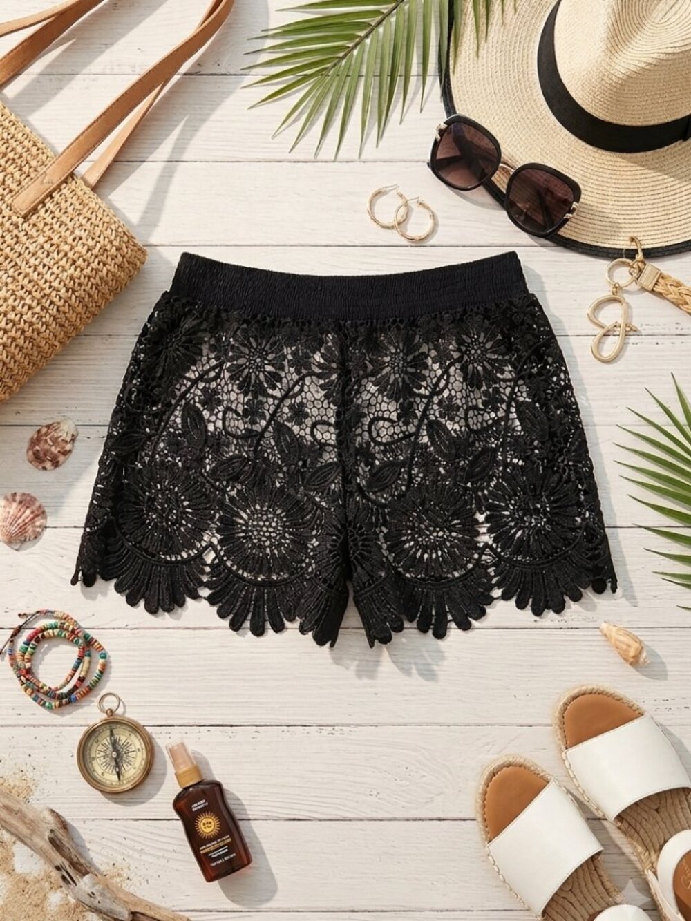 NWT Jessica Simpson Black Floral Crochet Lace Swim Cover-Up Shorts M